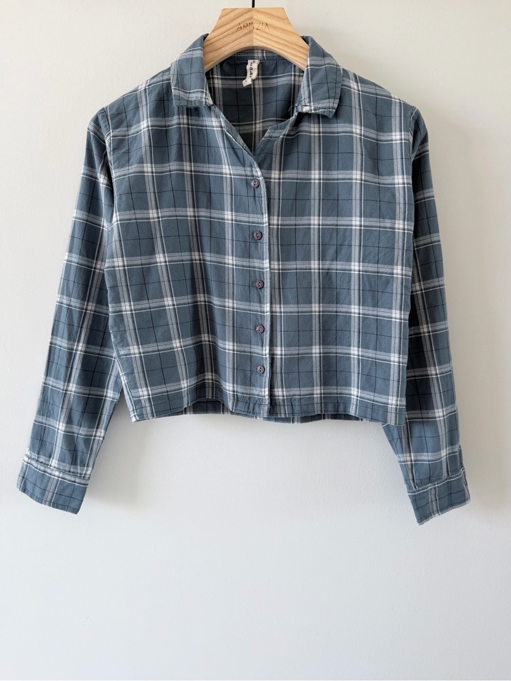 Blue Plaid Cropped Button Up Shirt Y2K Casual Top Tagged L Fits S - Picture 2 of 6